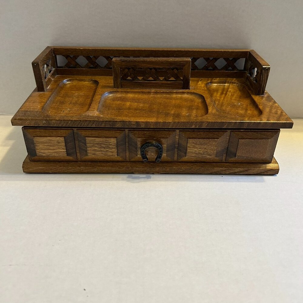 Vintage men's jewelry/valet wooden box with one lined drawer with horseshoe pull